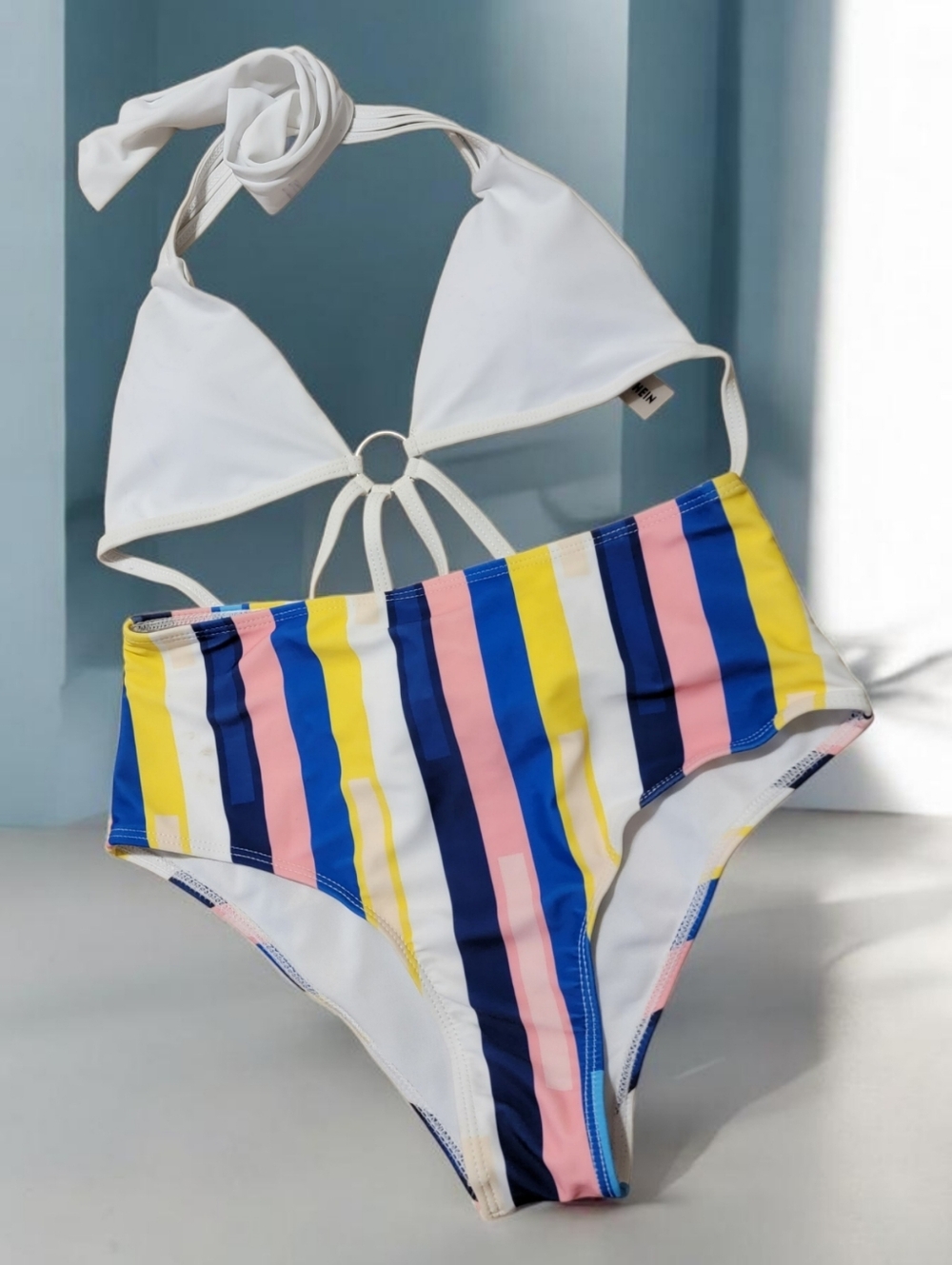 2pc SHEIN White & Multicolor Striped Bikini